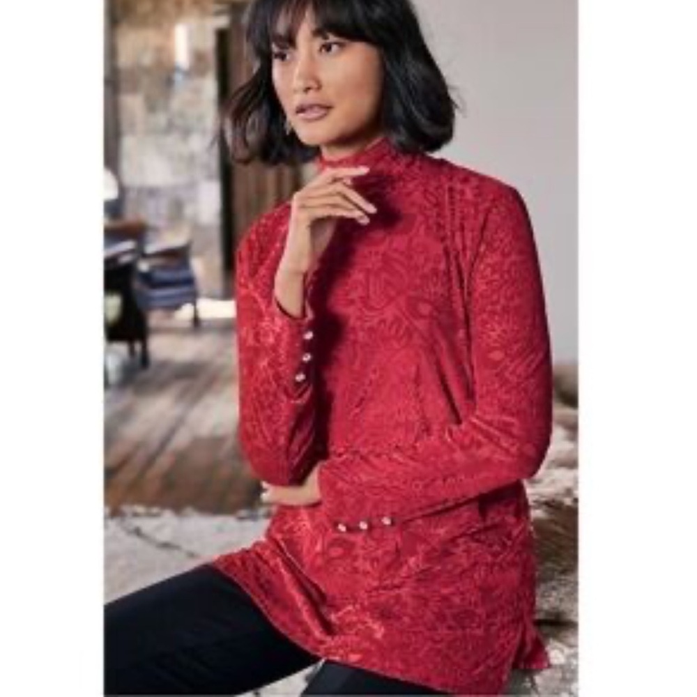 Soft Surroundings Womens Burn Out Velvet Top Size 3X Red Floral Lined Holiday